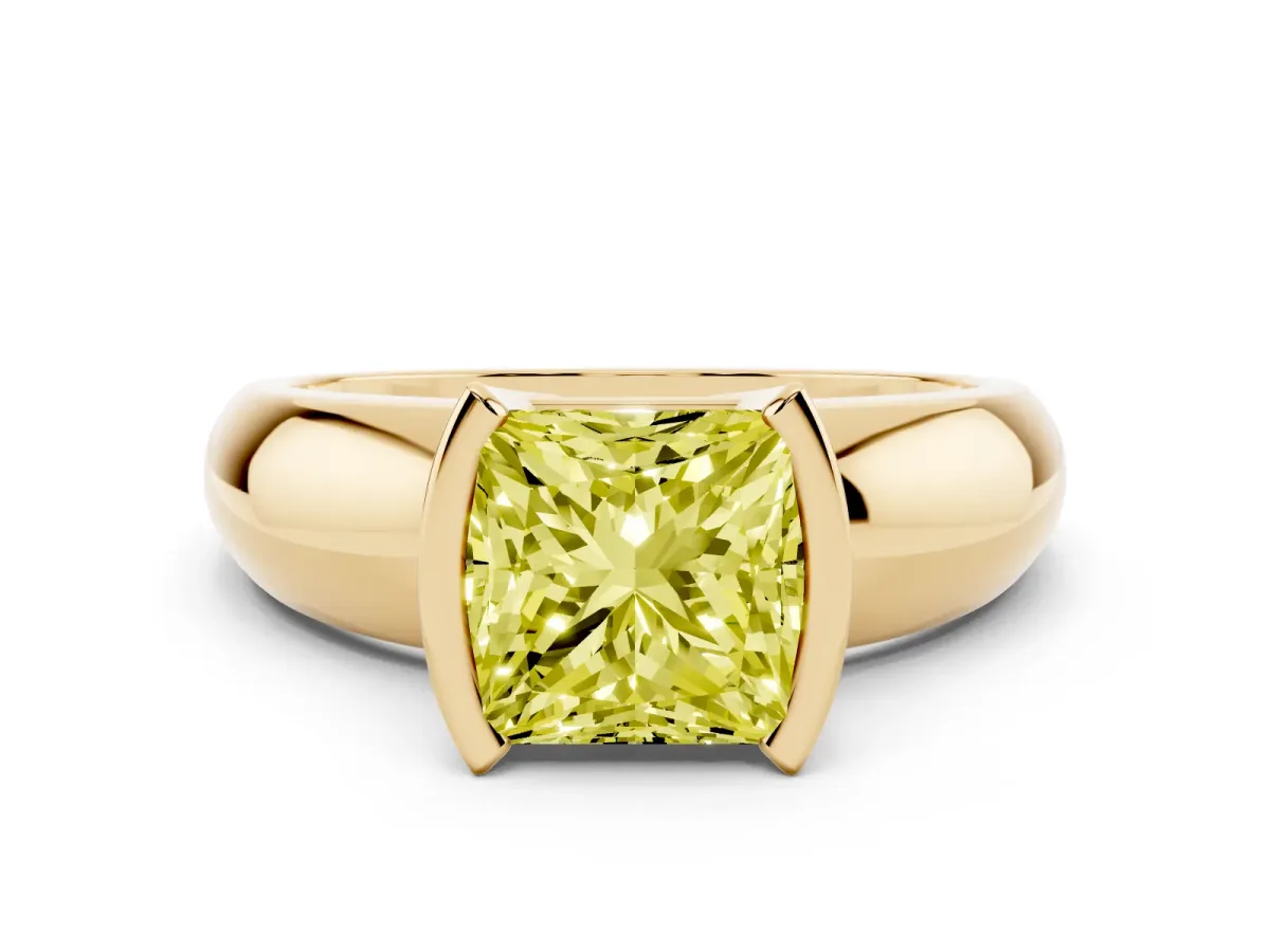 Fancy Yellow Princess Cut Solitaire Tension Set Diamond Ring with Wide Band Yellow gold