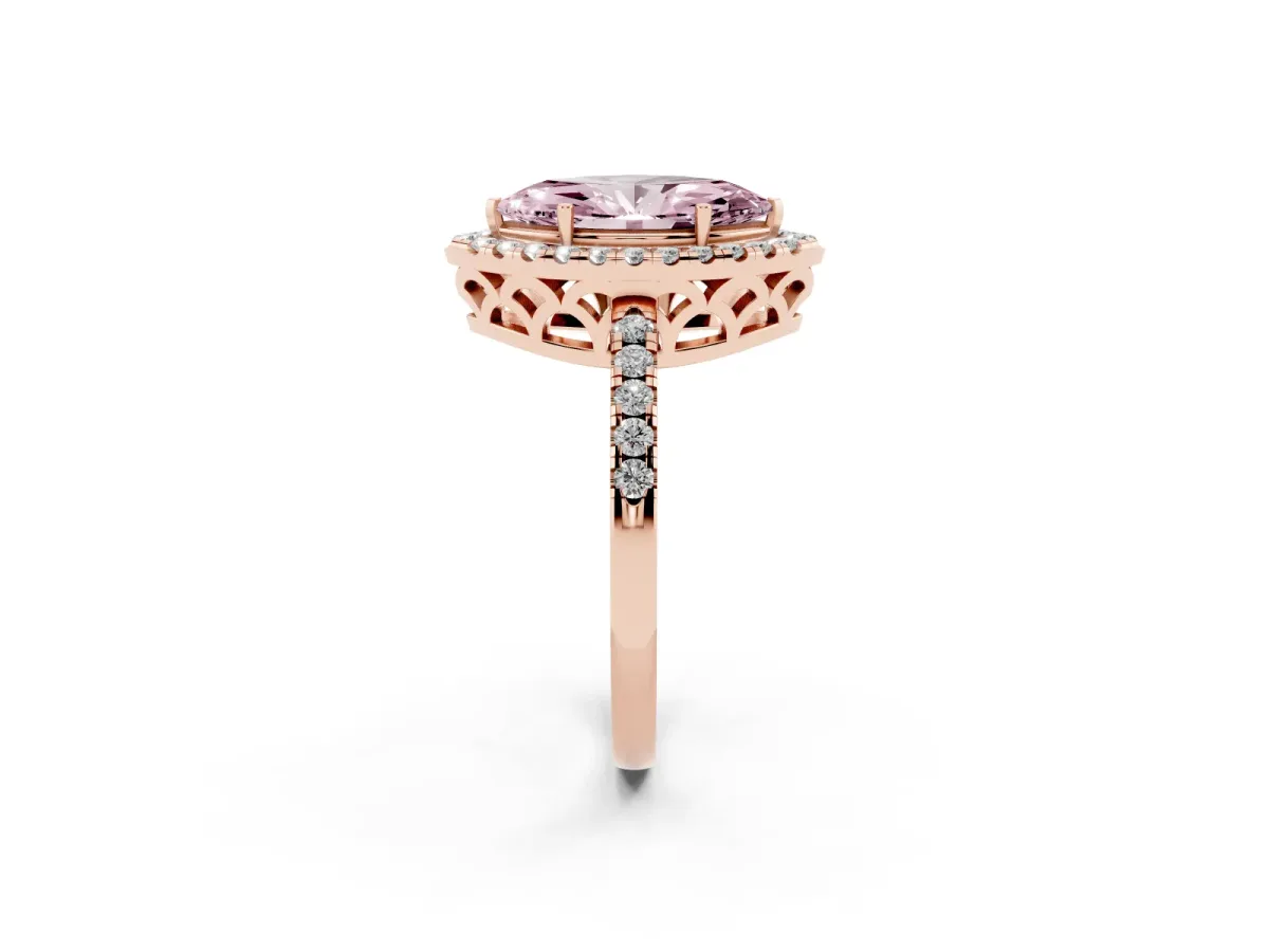 Fancy Pink Marquise Cut Halo Diamond Engagement Ring with Pavé Band and Four-Prong Setting Rose gold