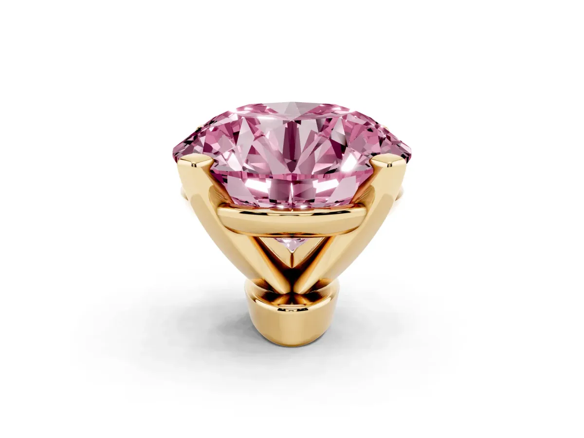 Fancy Pink Round Cut Diamond Solitaire Ring with Prong Setting and Classic Band Yellow gold