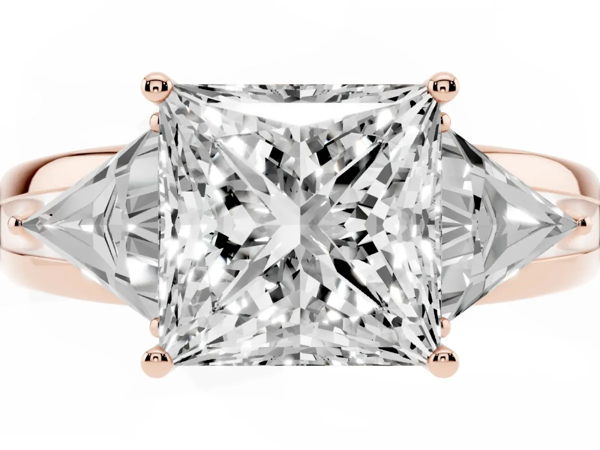 Three-Stone Princess Cut Cut Diamond Ring with Trillion Side Stones on a Split Shank Band Rose gold