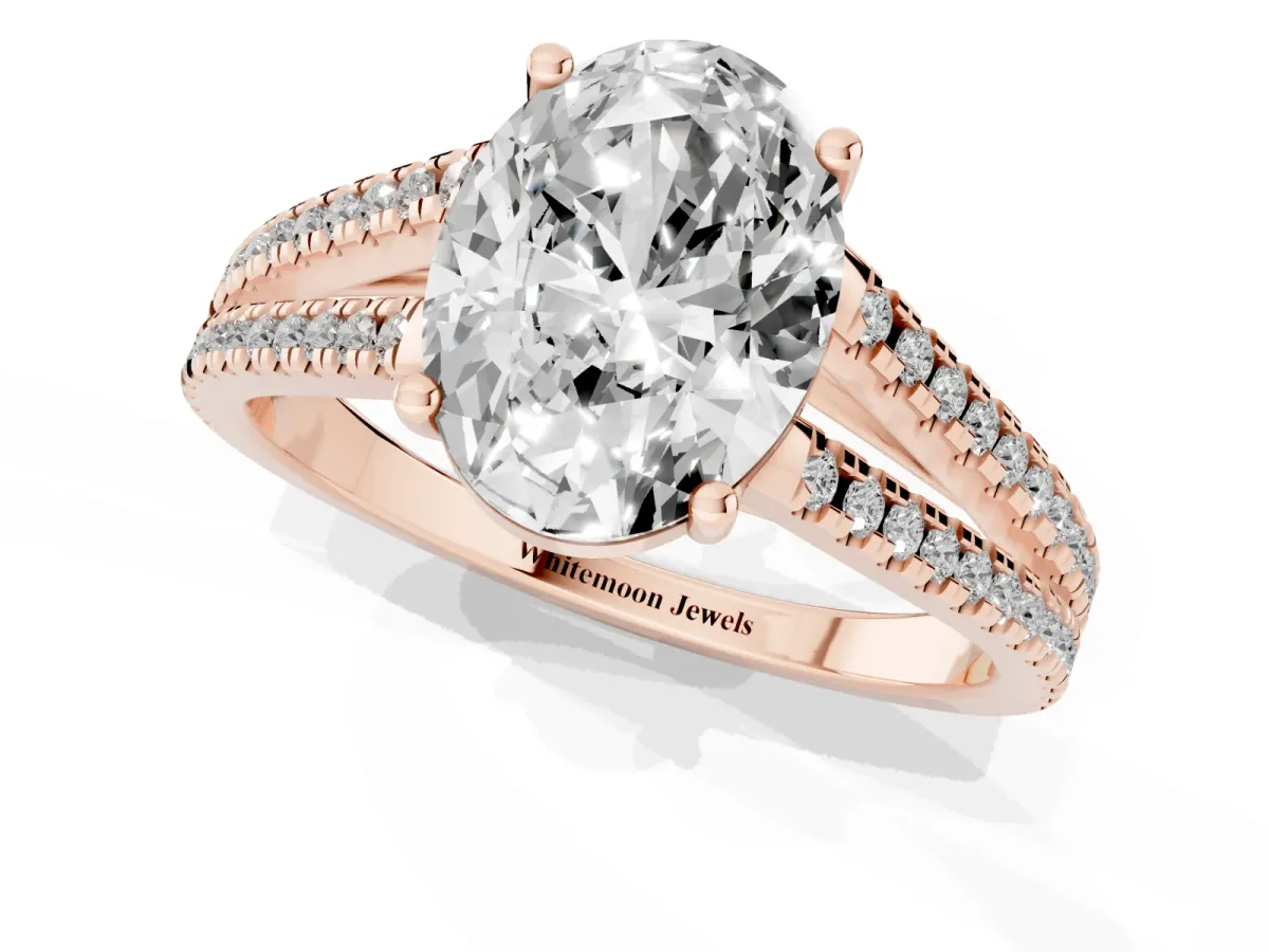 Oval Cut Diamond Solitaire Engagement Ring with Split Shank Pavé Band Rose gold