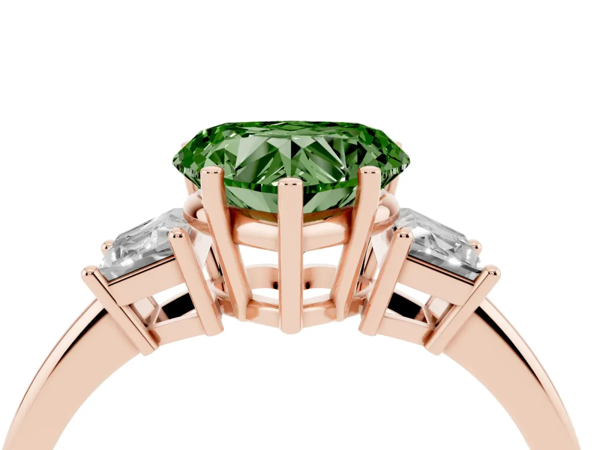 Fancy Green Heart Cut Diamond Three-Stone Ring with Trapezoid Side Stones and Prong Setting Rose gold