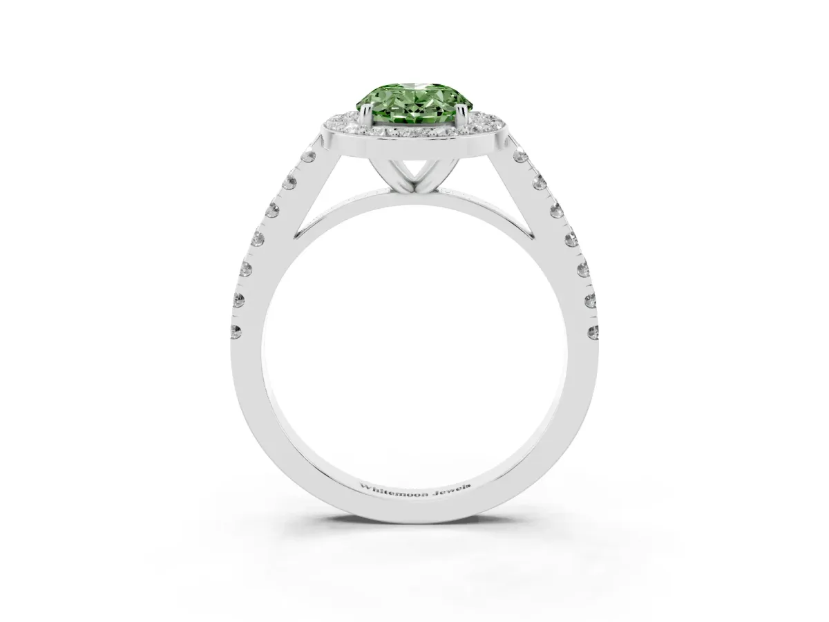 Fancy Green Oval Cut Diamond Halo Ring with Round Pavé Split Shank and Prong Setting Silver
