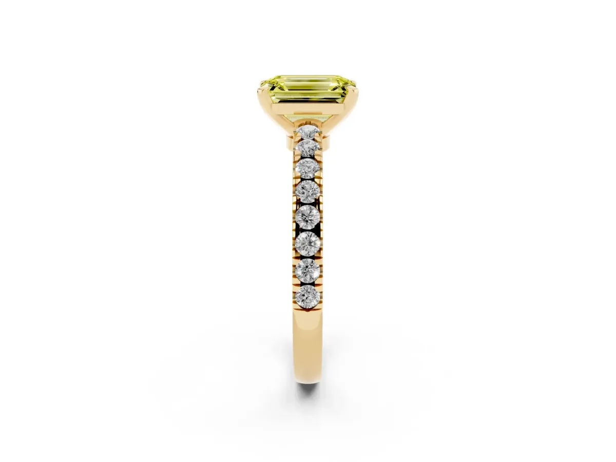 Fancy Yellow Emerald Cut Solitaire Diamond with Pavé Band and Four-Prong Setting Yellow gold