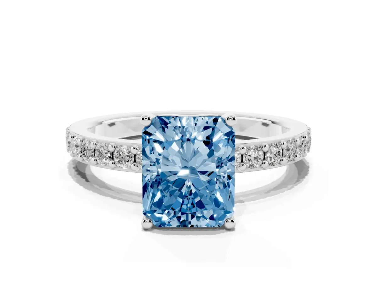 Fancy Blue Radiant Cut Cut Diamond Solitaire with Pave Band and Four-Prong Setting Silver