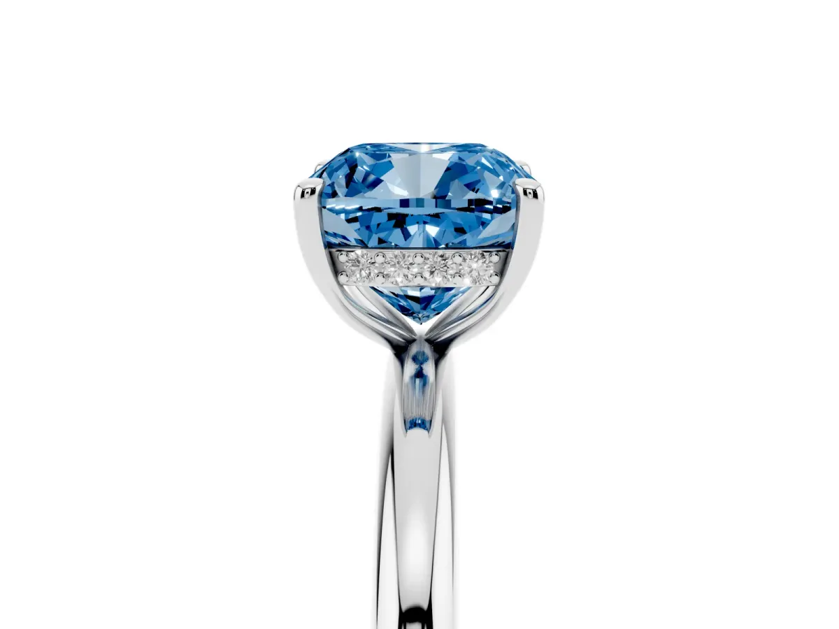 Fancy Blue Cushion Cut Diamond Solitaire Ring with Thin Band and Four-Prong Setting Platinum