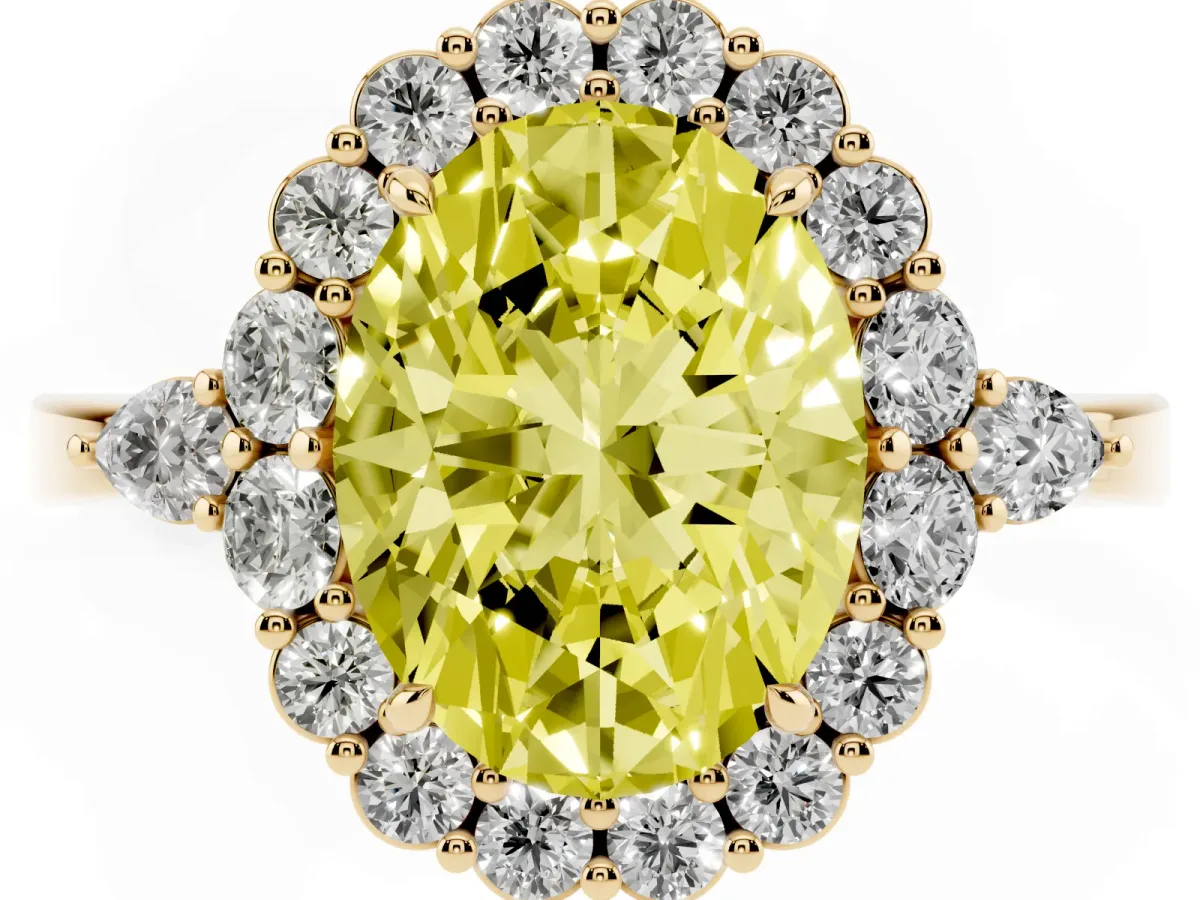 Fancy Yellow Oval Cut Diamond Halo Ring with Pear Side Stones and Prong Setting Yellow gold