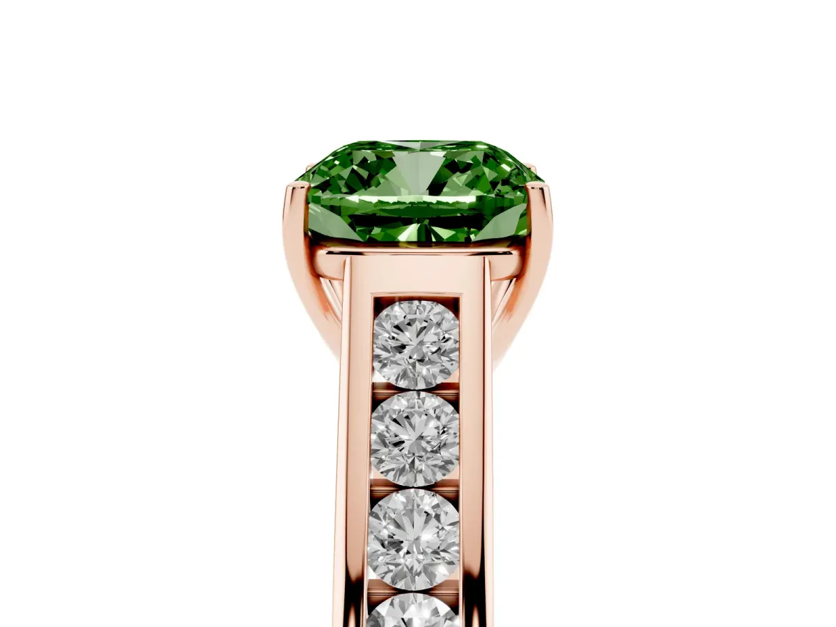 Fancy Green Cushion Cut Brilliant Channel-Set Solitaire Ring with Four-Prong Setting Rose gold