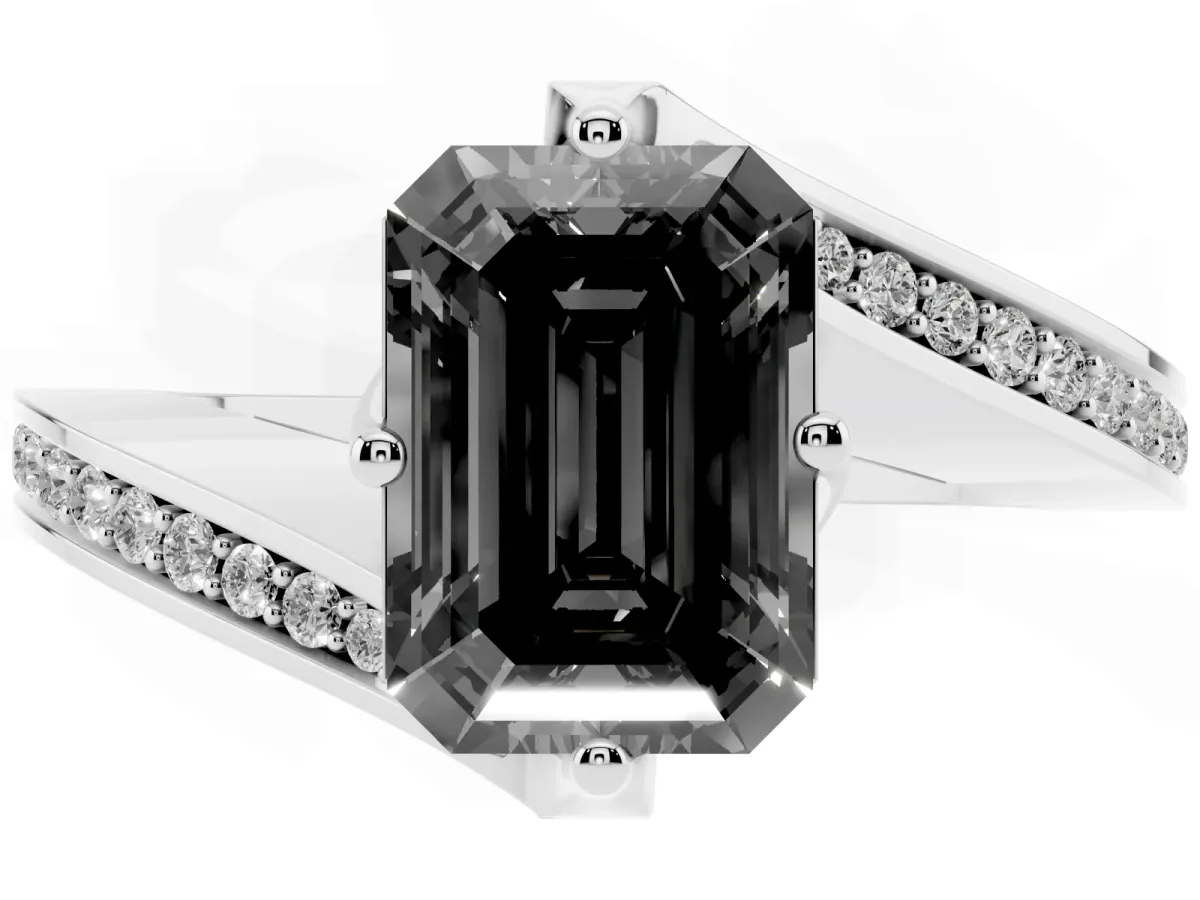 Fancy Black Emerald Cut Solitaire Diamond Twist Band with Pavé Setting and Four-Prong Setting Silver