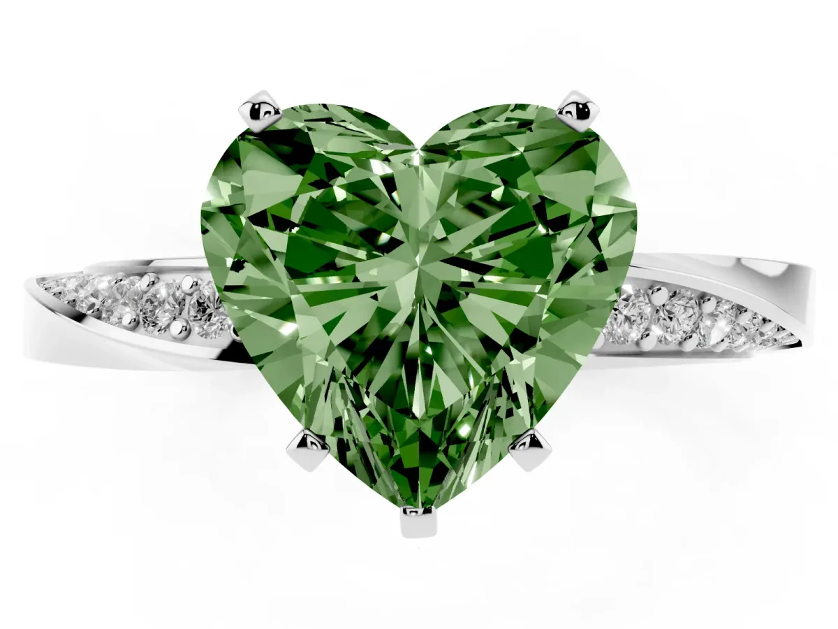 Fancy Green Heart Cut Diamond Engagement Ring with Side Stone Accents and Four-Prong Setting Silver