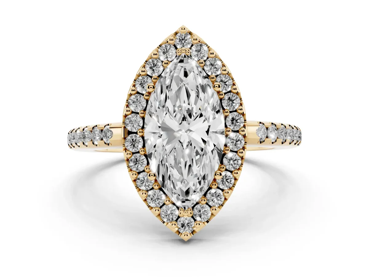 Marquise Cut Diamond Pavé Halo Ring with Four-Prong Setting Yellow gold