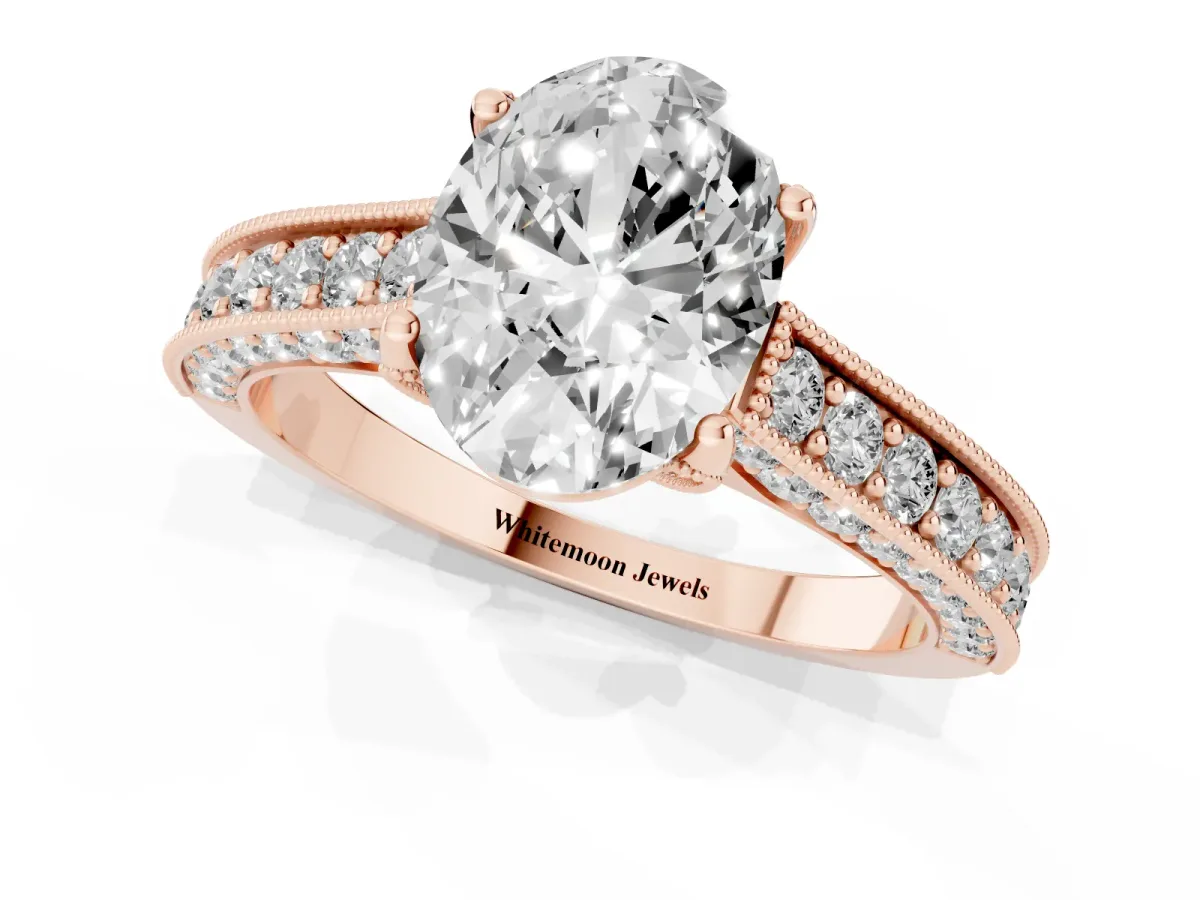 Oval Cut Cut Diamond Solitaire Ring with Milgrain Pave Band and Four Prong Setting Rose gold