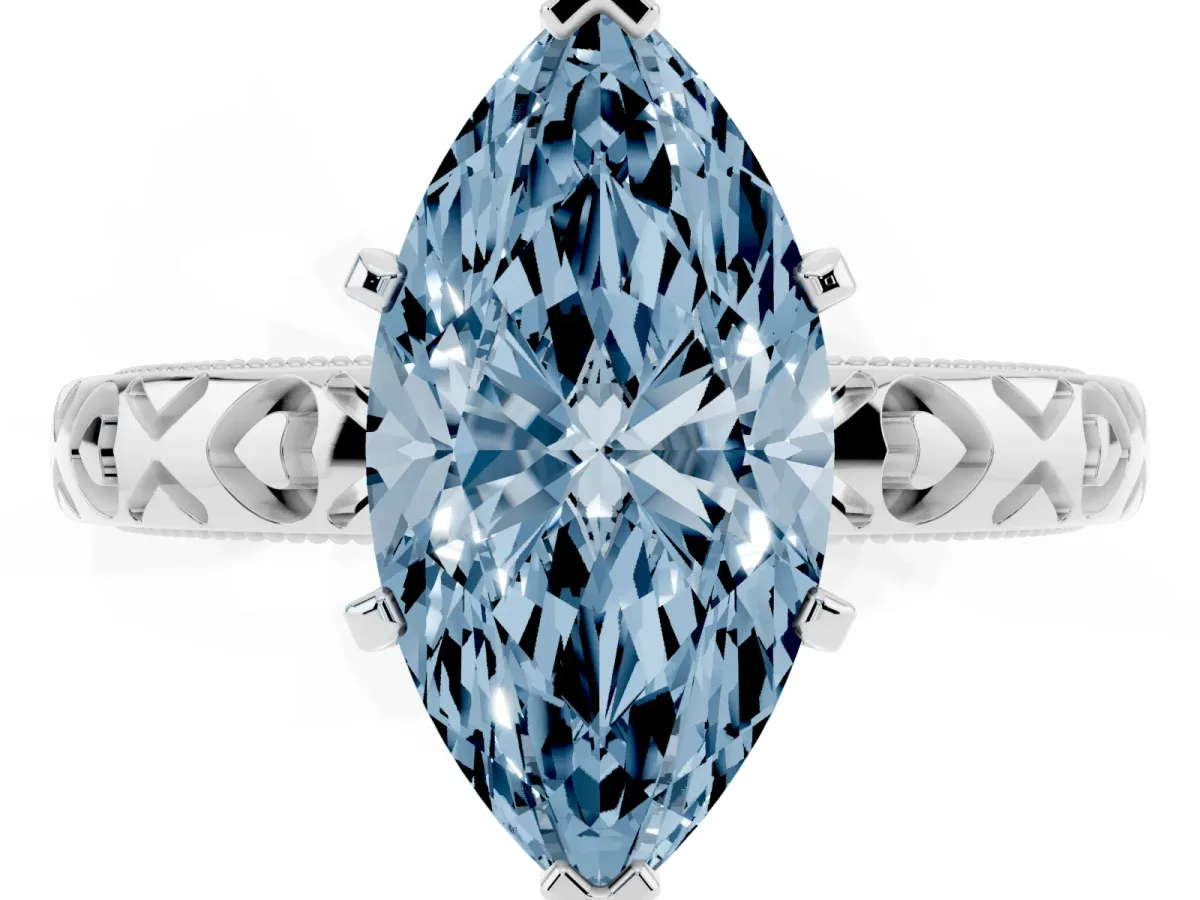Fancy Blue Marquise Cut Solitaire Diamond Engagement Ring with XO Engraved Band and Four-Prong Setting Silver