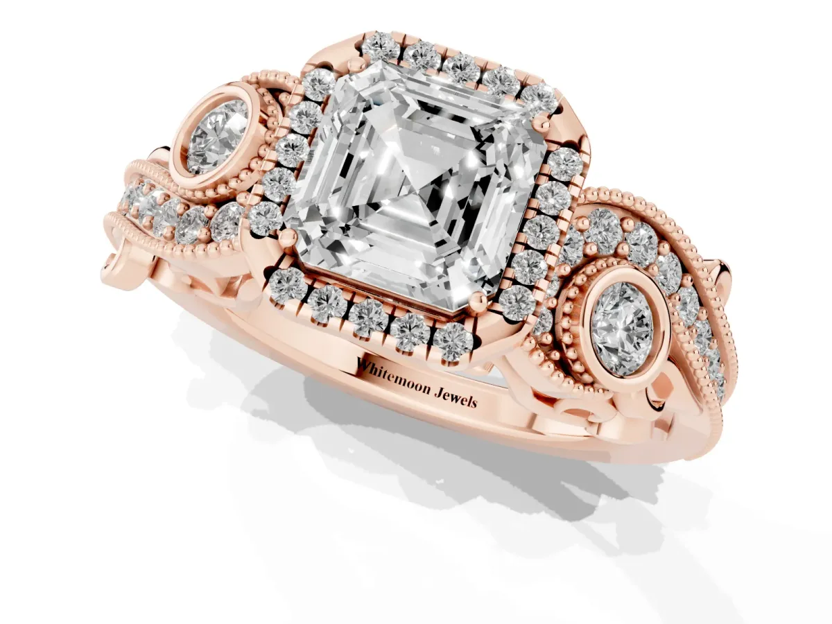 Asscher Cut Halo Diamond Ring with Milgrain and Bezel Accents on a Split Shank Band Rose gold