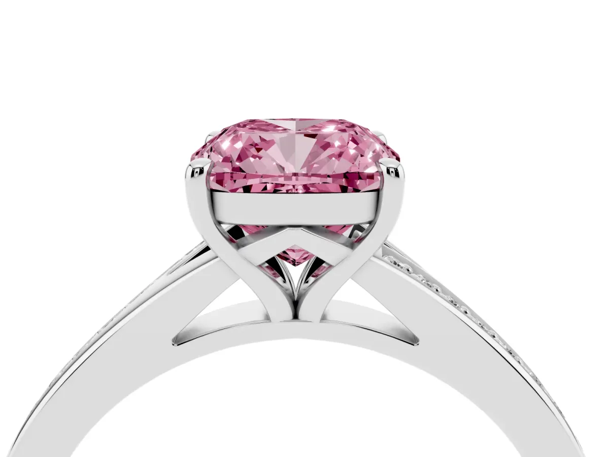 Fancy Pink Cushion Cut Diamond Solitaire Ring with Pavé Band and Prong Setting Silver