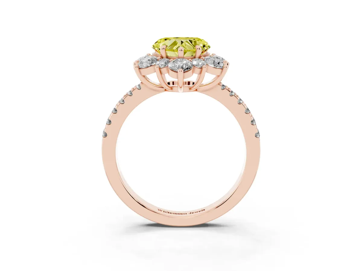 Fancy Yellow Heart Cut Diamond Floral Halo Ring with Round Pavé Band and Prong Setting Rose gold