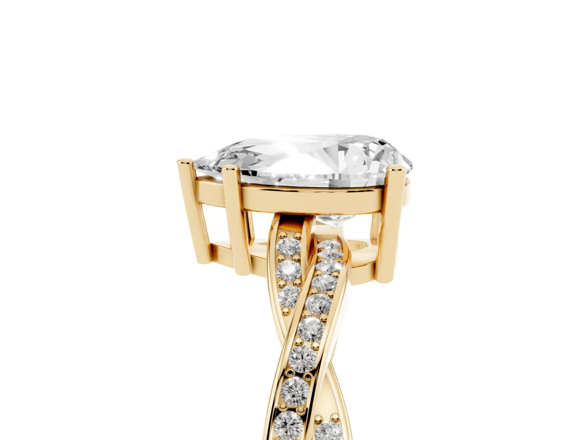 Pear Cut Solitaire Twisted Pave Diamond Ring with Four-Prong Setting Yellow gold