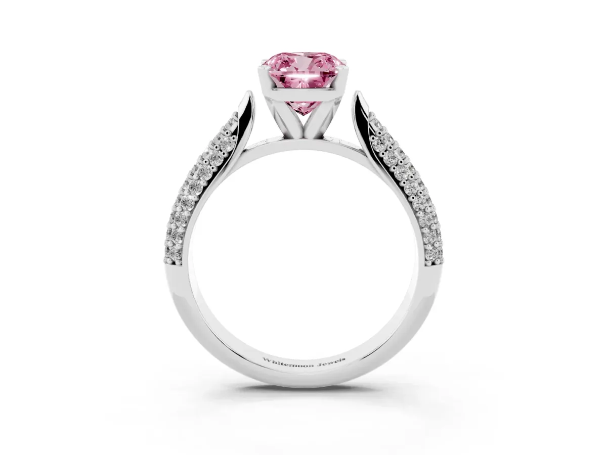 Fancy Pink Cushion Cut Diamond Solitaire Engagement Ring with Multi-Row Round Pavé Band and Prong Setting Silver