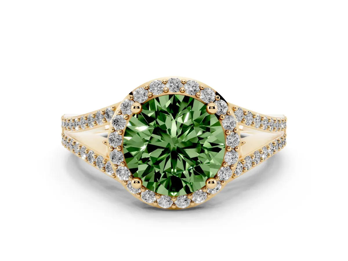 Fancy Green Round Cut Halo Split Shank Pave Diamond Ring with Four-Prong Setting Yellow gold