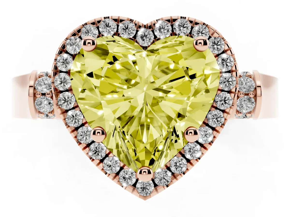 Fancy Yellow Heart Cut Halo Round Diamond Twist Band with Four-Prong Setting Rose gold