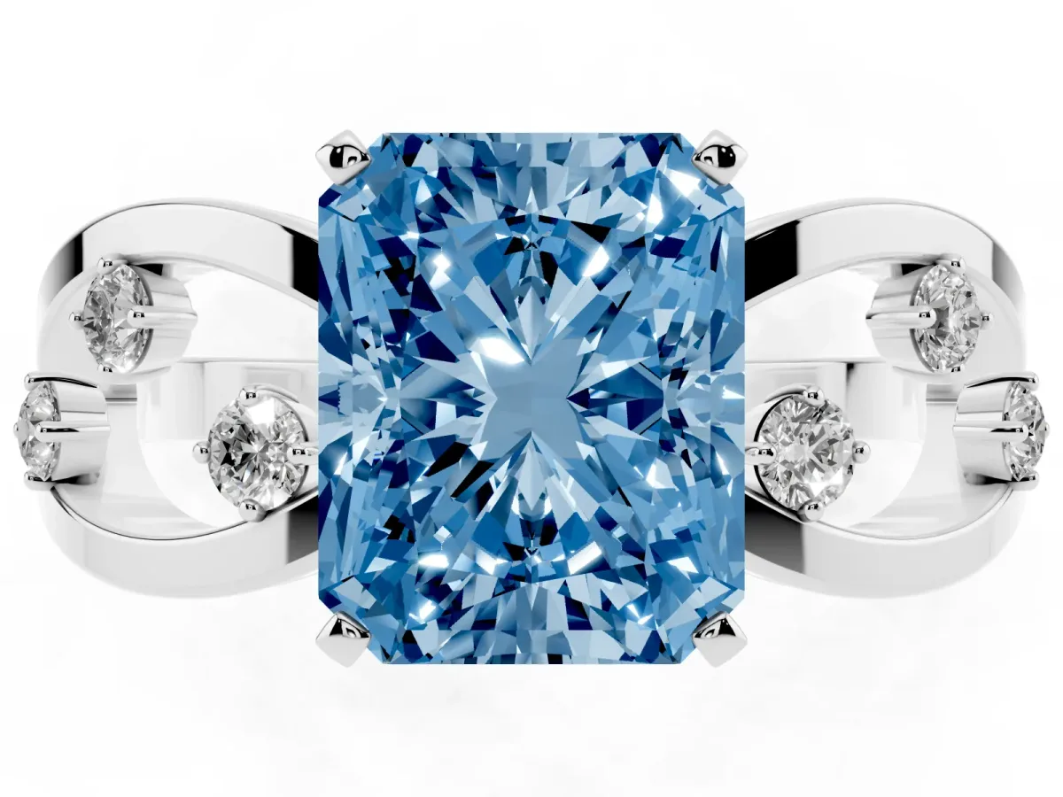 Fancy Blue Radiant Cut Cut Solitaire Diamond with Side Stones on Criss-Cross Band and Four-Prong Setting Platinum