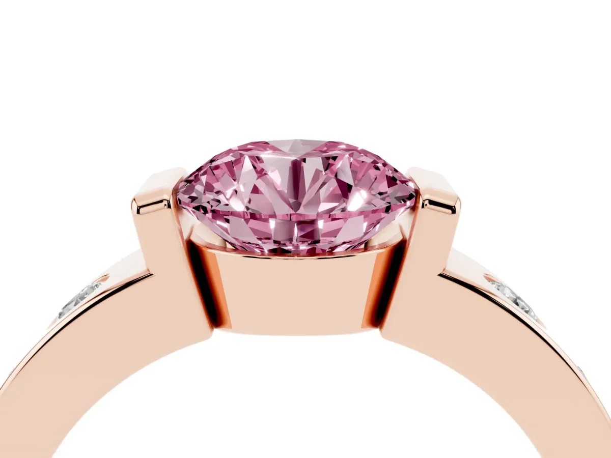 Fancy Pink Round Cut Brilliant Channel-Set Diamond Ring with Bezel Prong Setting Rose gold