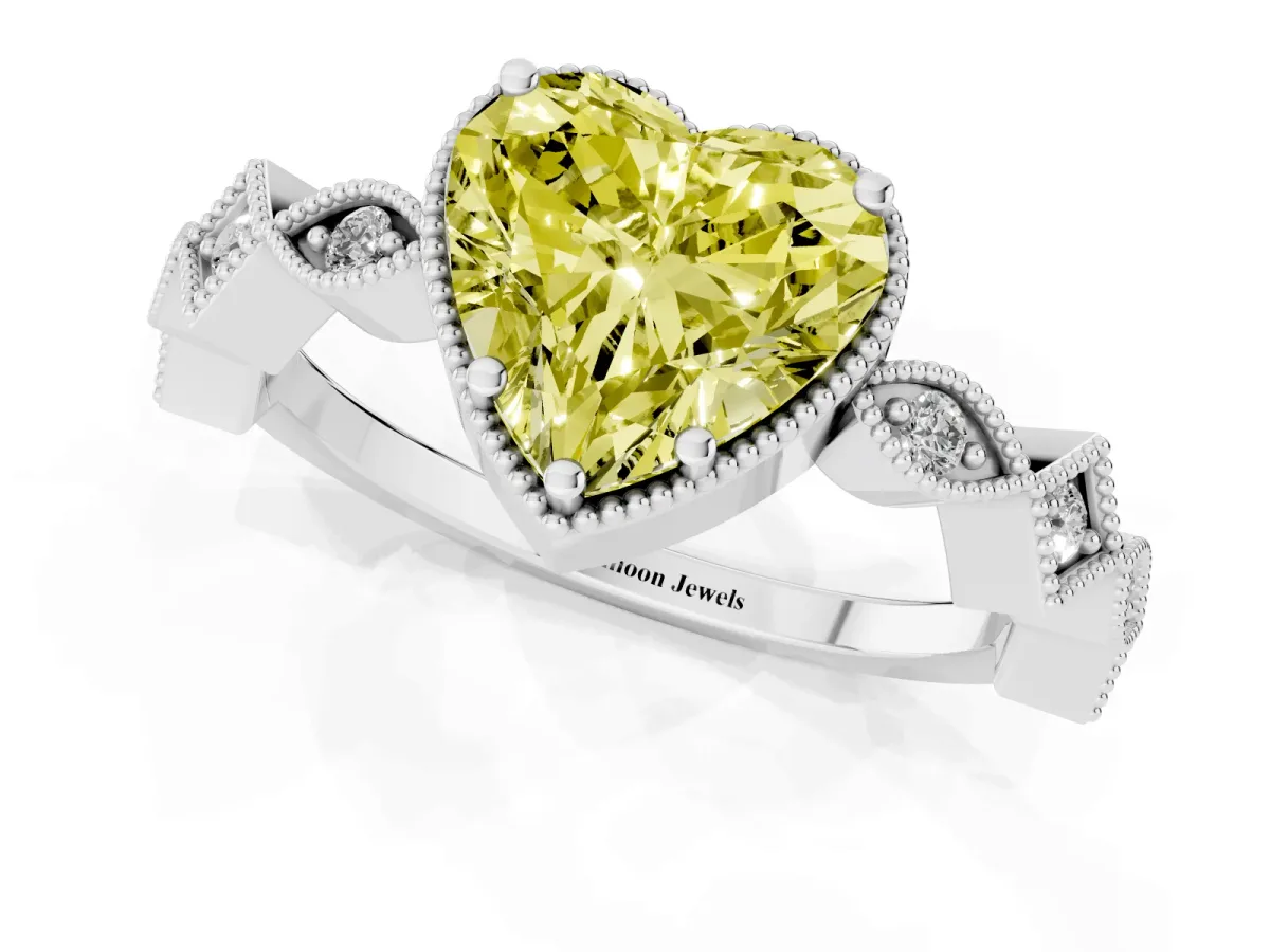 Fancy Yellow Heart Cut Milgrain Marquise Diamond Twist Band Ring Silver