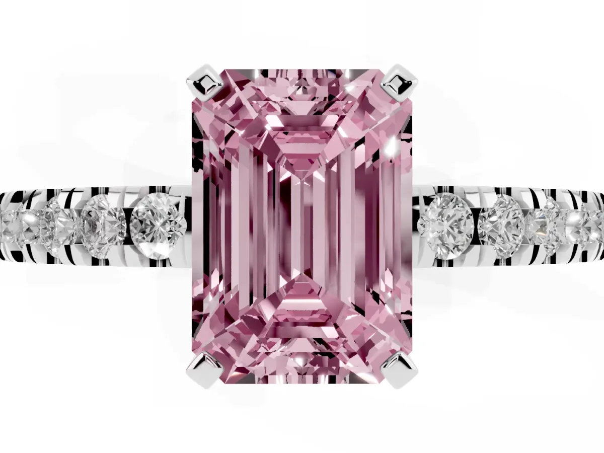 Fancy Pink Emerald Cut Solitaire Diamond with Pavé Band and Four-Prong Setting Silver