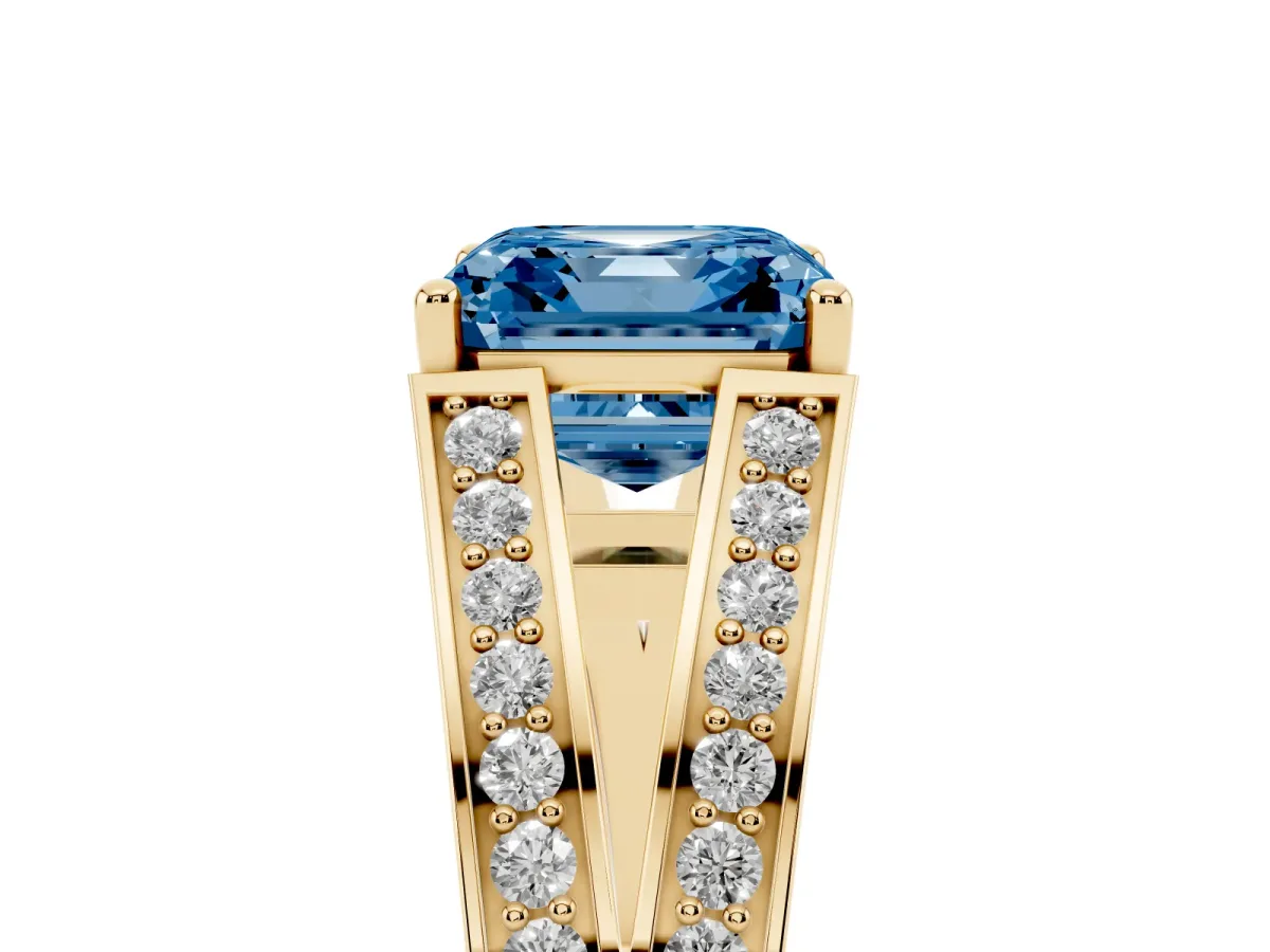 Fancy Blue Asscher Cut Diamond Split Shank Ring with Pavé Band and Four-Prong Setting Yellow gold