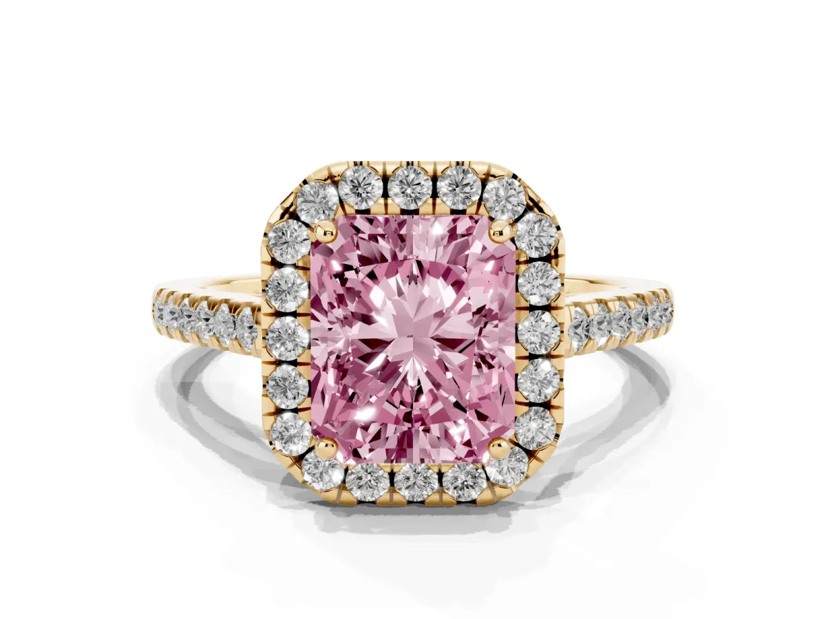 Fancy Pink Radiant Cut Halo Pavé Diamond Engagement Ring with Four-Prong Setting Yellow gold