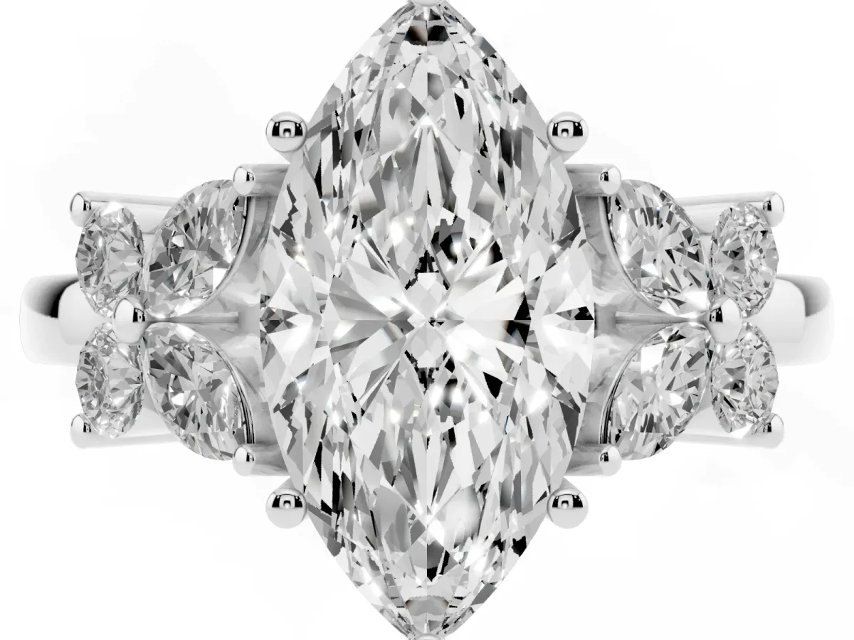 Marquise Cut Diamond Floral Cluster Ring with Solitaire Band and Prong Setting Silver