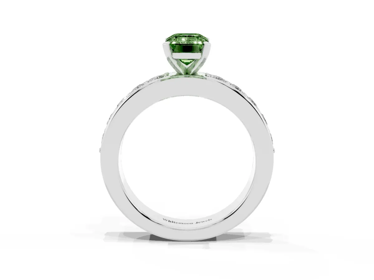 Fancy Green Emerald Cut Diamond Engagement Ring with Channel Set Round Band and Prong Setting Platinum