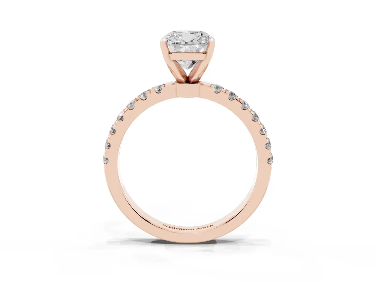 Cushion Cut Diamond Solitaire Ring with Pavé Accents and Four-Prong Setting Rose gold