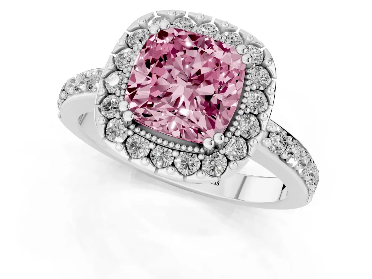 Fancy Pink Cushion Cut Diamond Halo Ring with Pavé Band and Prong Setting Silver