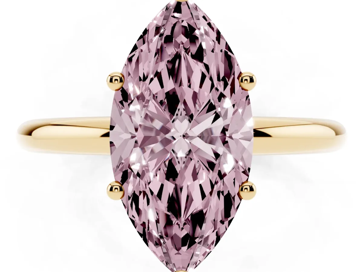 Fancy Pink Marquise Cut Cut Solitaire Engagement Ring with Four-Prong Setting and Classic Band Yellow gold
