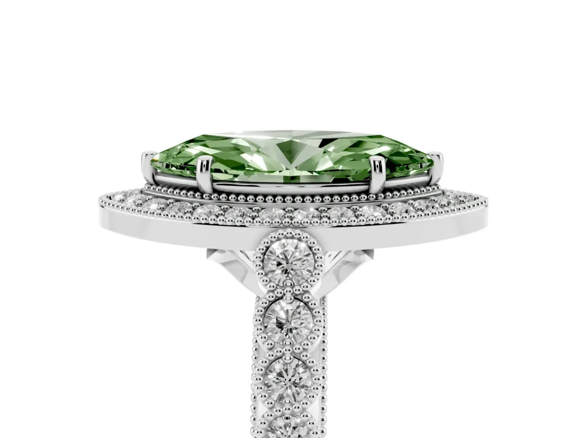 Fancy Green Marquise Cut Halo Milgrain Solitaire with Bezel Set Side Stones and Pave Band Platinum