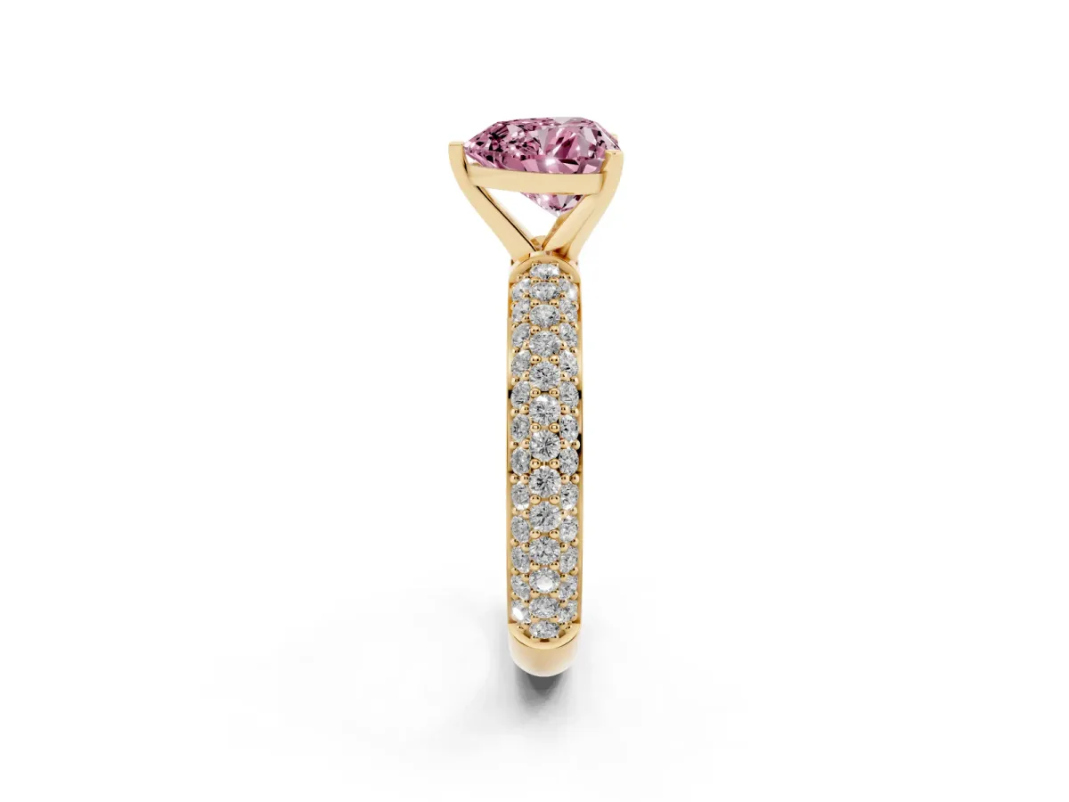 Fancy Pink Heart Cut Diamond Solitaire Ring with Prong Setting and Pavé Band Yellow gold