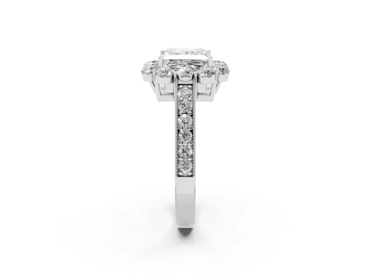 Princess Cut Cut Halo Diamond Pavé Engagement Ring with Milgrain Detailing Platinum
