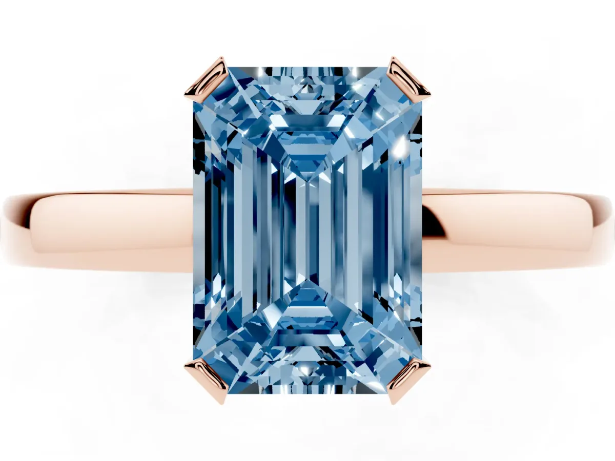 Fancy Blue Emerald Cut Cut Solitaire Ring with Four-Prong Setting and Classic Band Rose gold