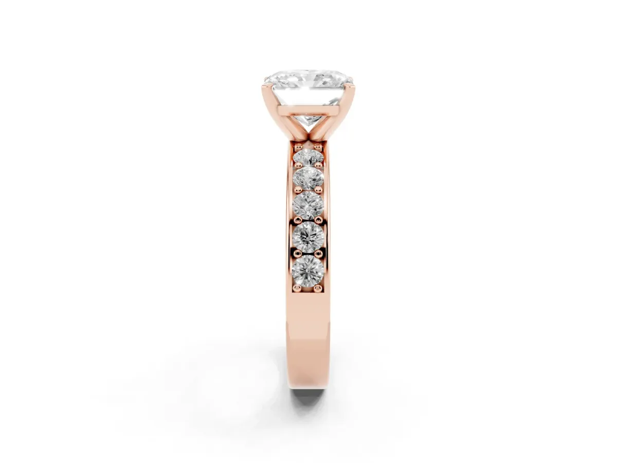 Radiant Cut Diamond Engagement Ring with Channel Set Round Band and Prong Setting Rose gold