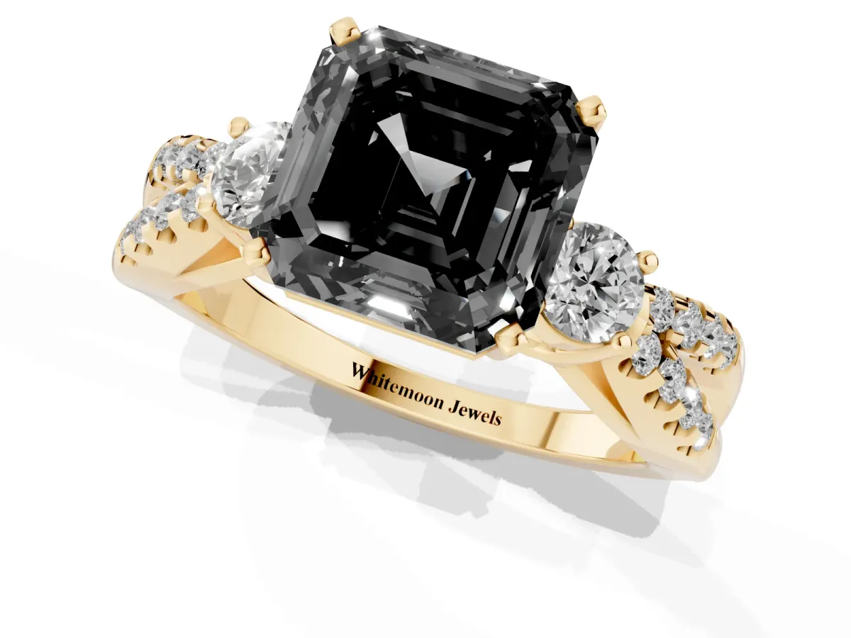 Fancy Black Asscher Cut Diamond Three-Stone Ring with Pavé Split Shank and Four-Prong Setting Yellow gold