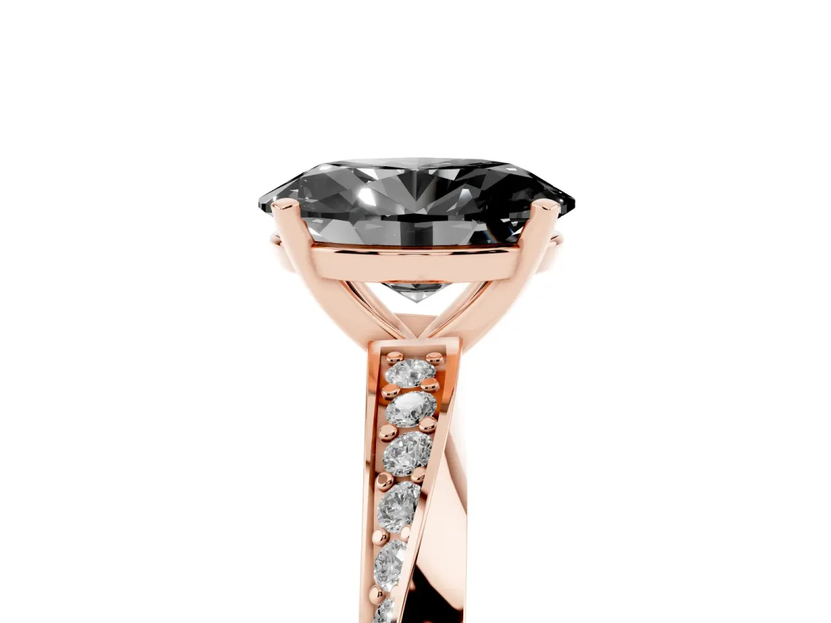 Fancy Black Oval Cut Diamond Engagement Ring with Side Stone Accents and Four-Prong Setting Rose gold
