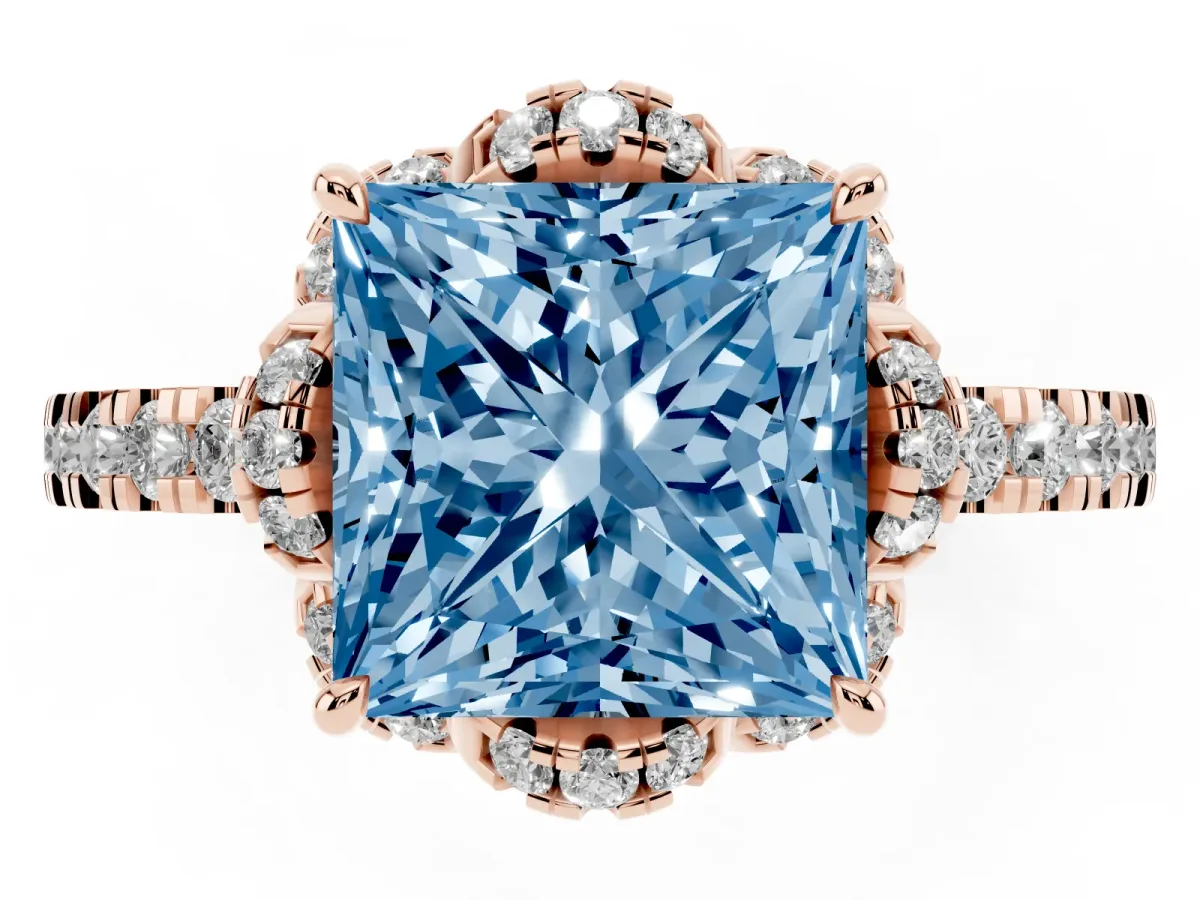 Fancy Blue Princess Cut Diamond Halo Pave Band with Four-Prong Setting Rose gold