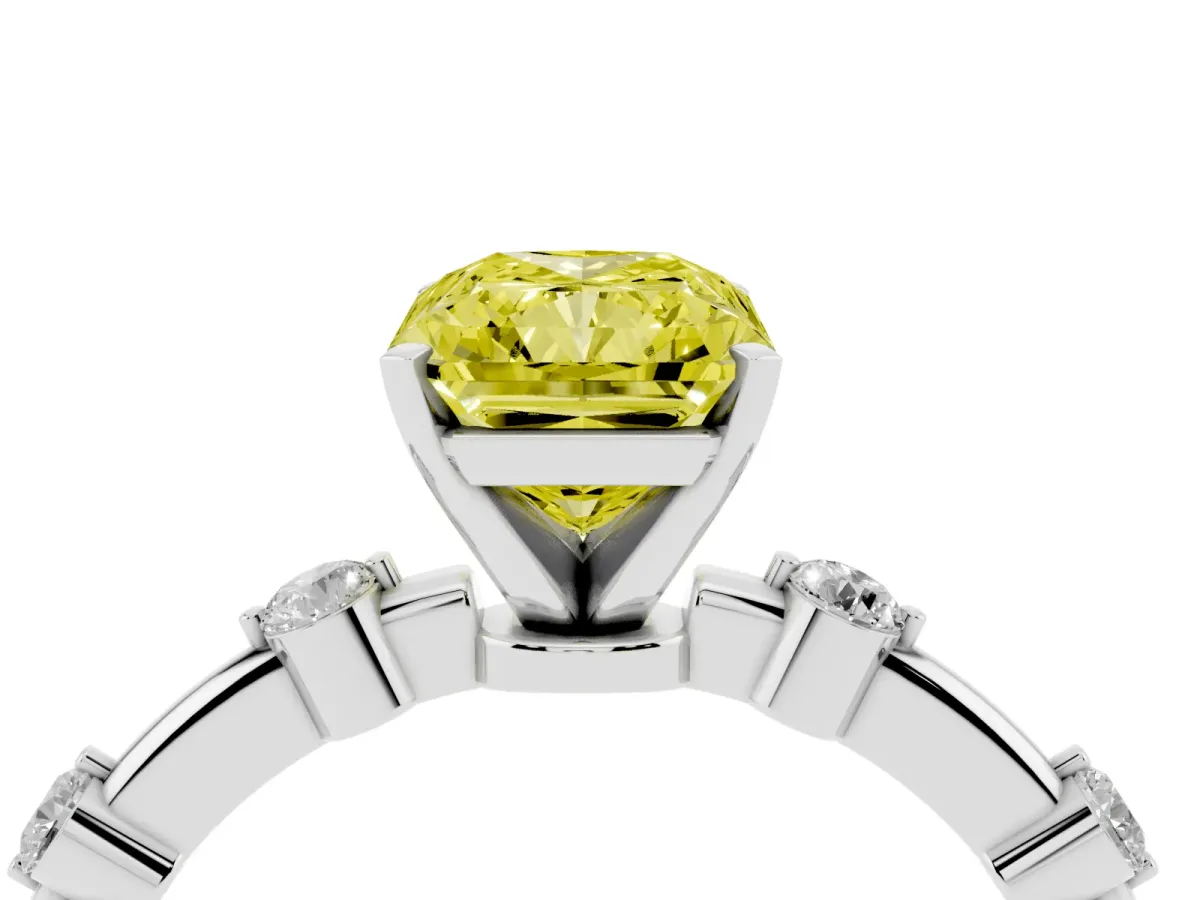 Fancy Yellow Radiant Cut Solitaire Diamond Ring with Bezel Set Side Stones and Prong Setting Silver