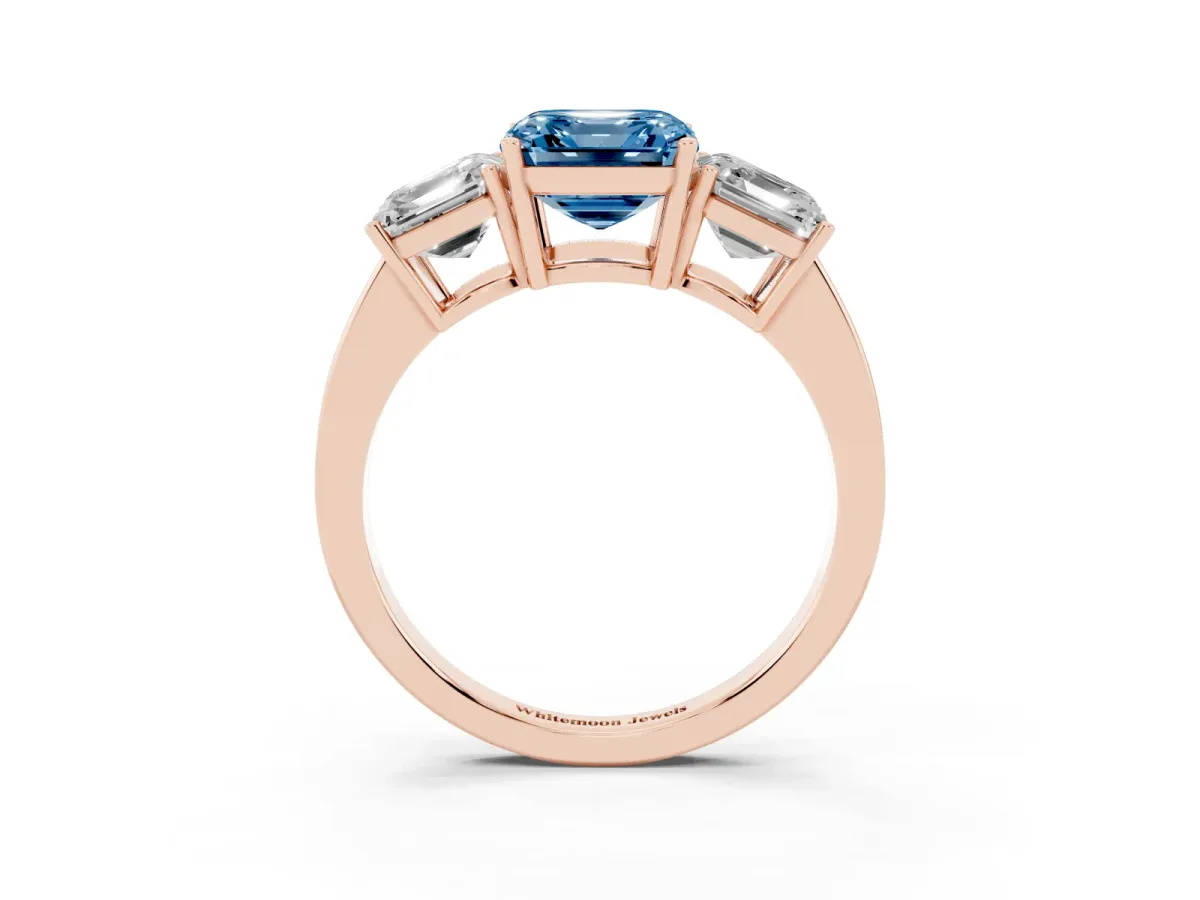 Fancy Blue Three-Stone Asscher Cut Cut Diamond Engagement Ring with Flat Band and Four-Prong Setting Rose gold