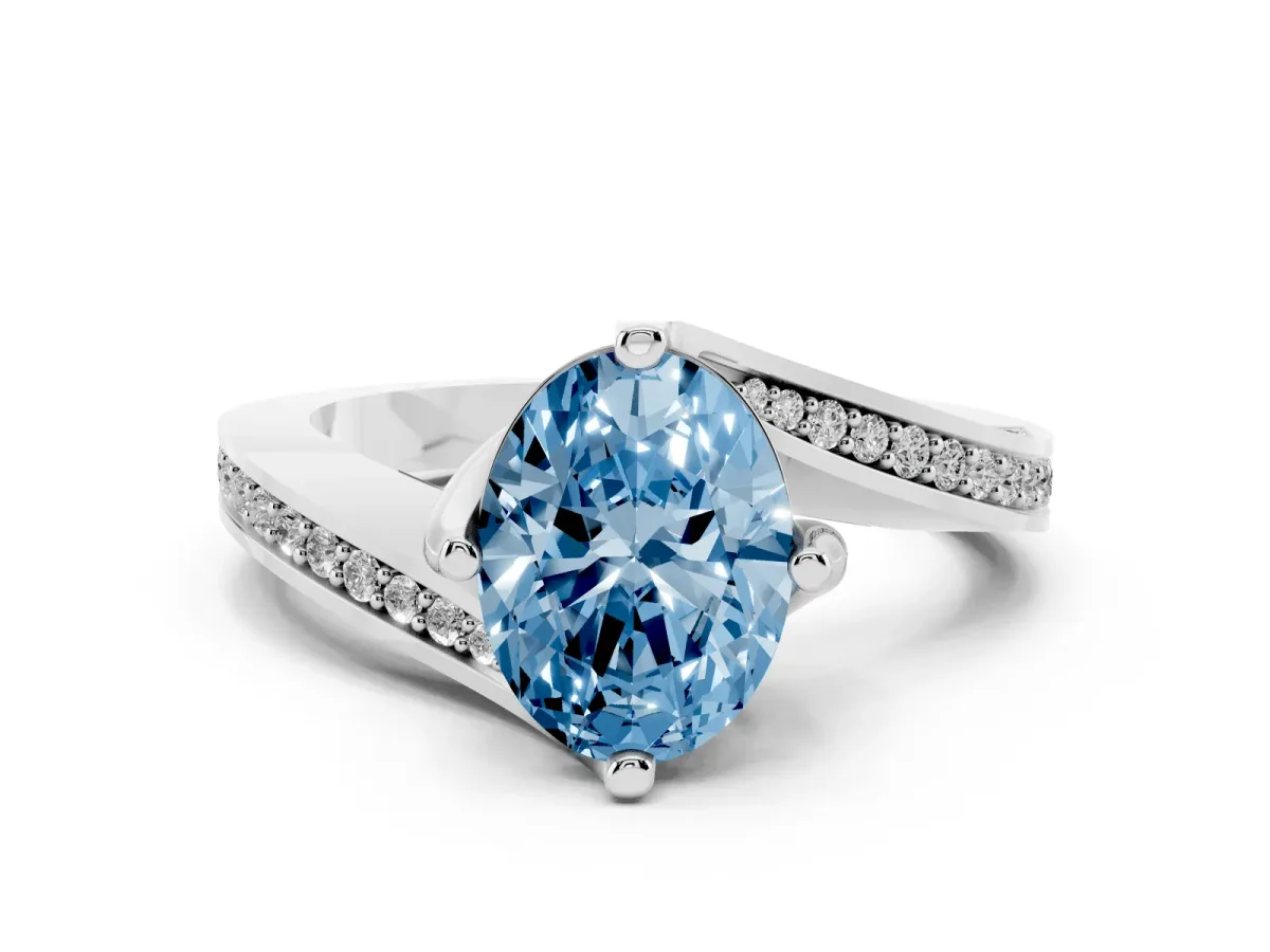 Fancy Blue Oval Cut Solitaire Diamond Twist Band with Pavé Setting and Four-Prong Setting Silver