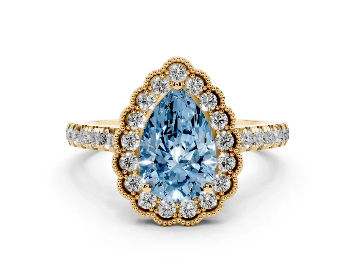 Fancy Blue Pear Cut Cut Diamond Milgrain Floral Halo Engagement Ring with Pavé Band Yellow gold