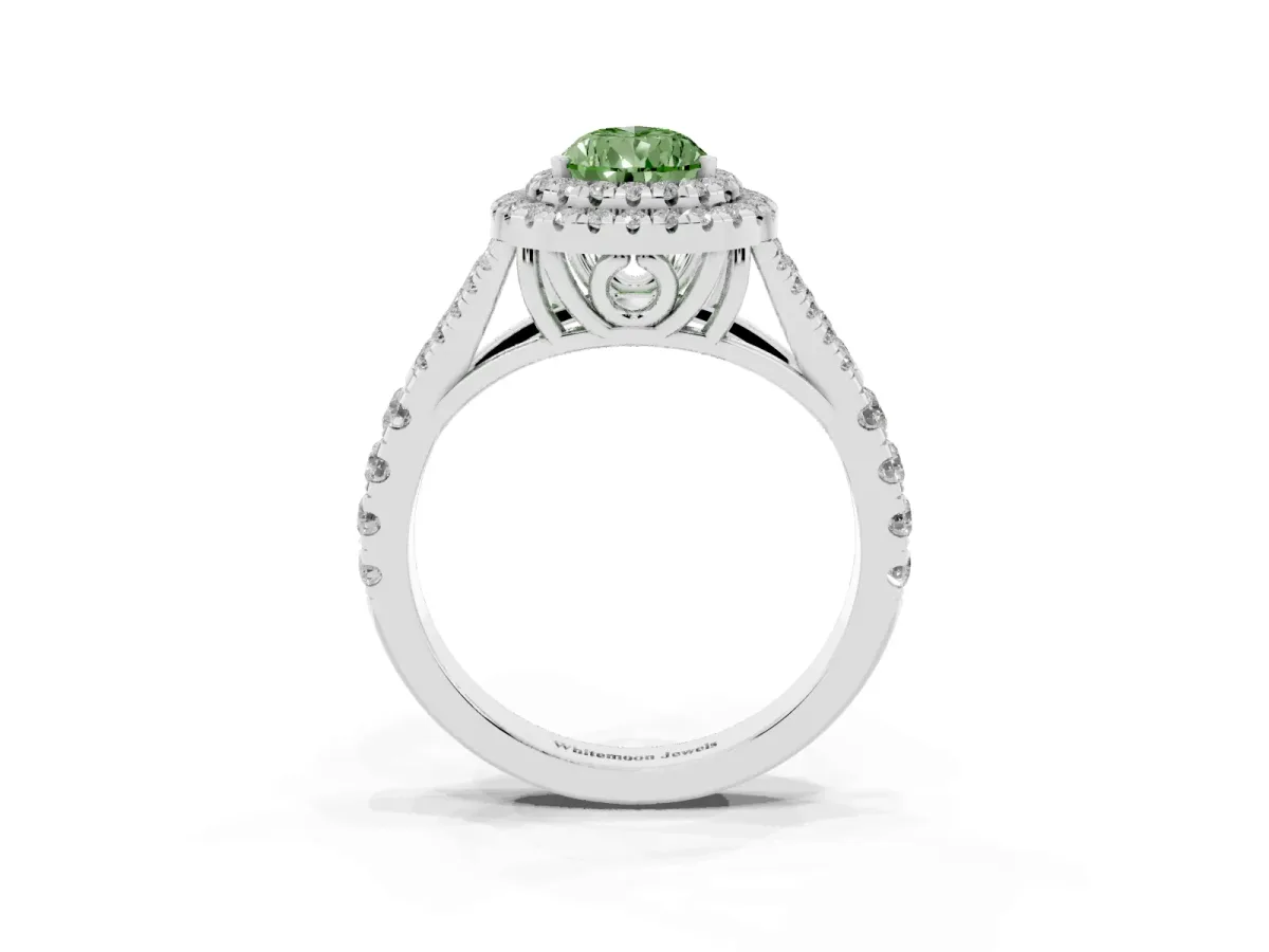 Fancy Green Pear Cut Diamond Pavé Split Shank Double Halo Engagement Ring Silver