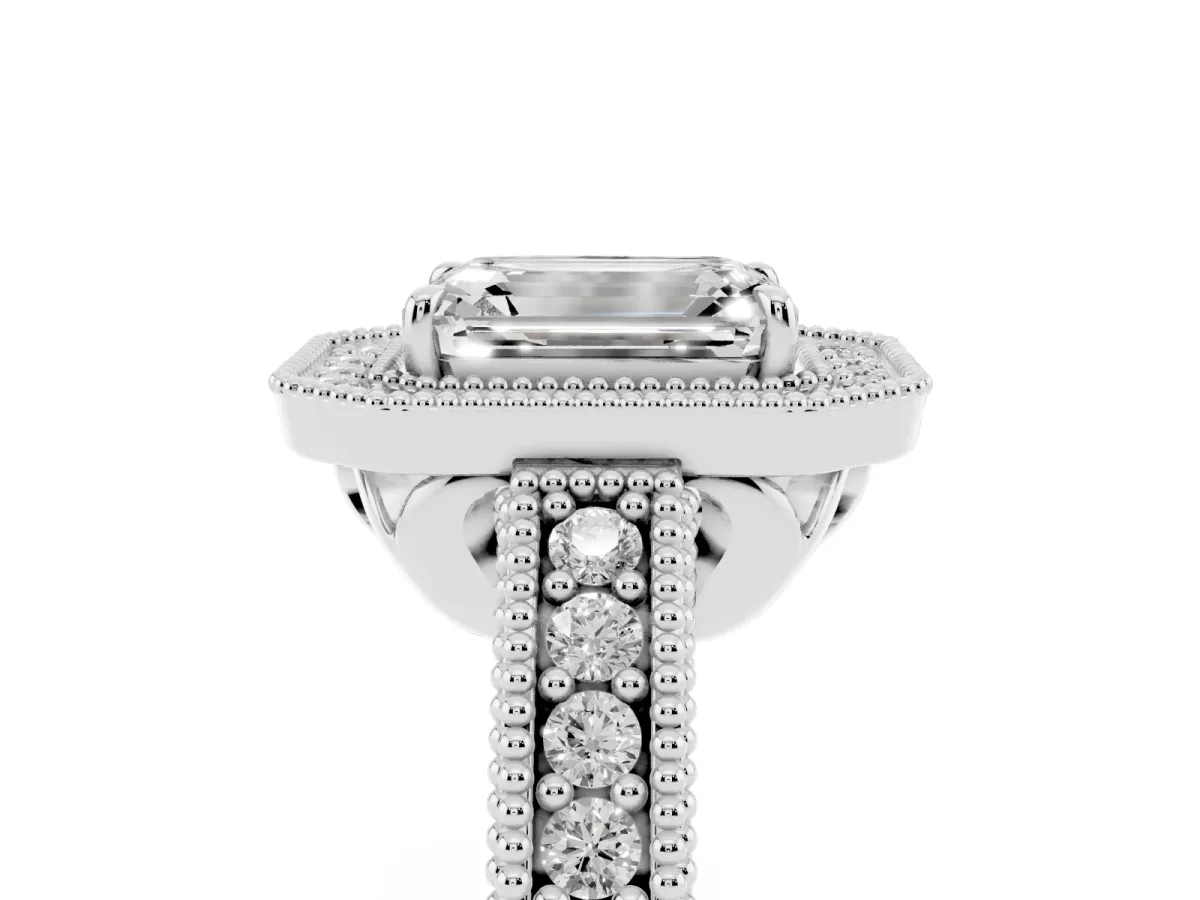 Emerald Cut Cut Halo Diamond Ring with Pavé Band and Four-Prong Setting Silver
