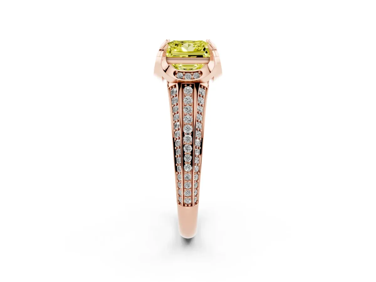 Fancy Yellow Princess Cut Solitaire Pave Split Shank Ring with Four-Prong Setting Rose gold